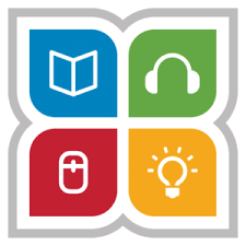 Gwinnett County public library logo of four space of blue, green, red, and yellow. 