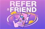 Refer a friend text and graphic of a hand pointing to contacts in a phone 