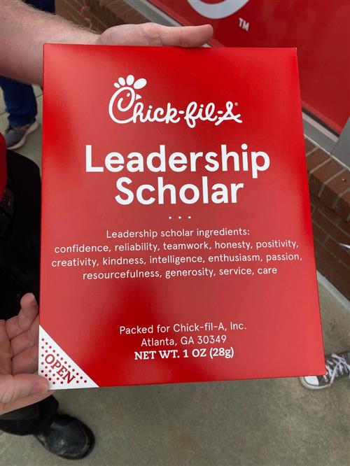 Picture of Chick-fil-A Leadership Scholar Award made to look like a sauce packet from the restaurant