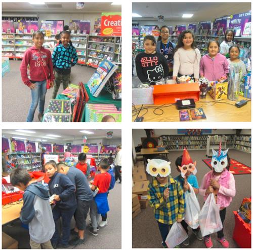 four pictures of kids at book fair 