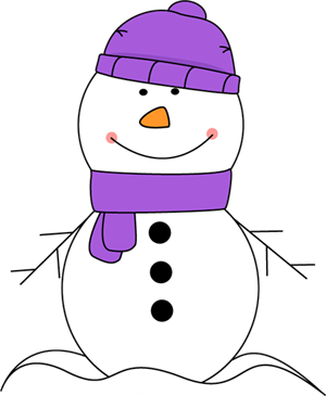 Snowman with purple hat and scarf. 