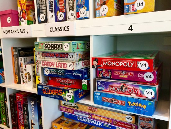  Shelves of board games on display.